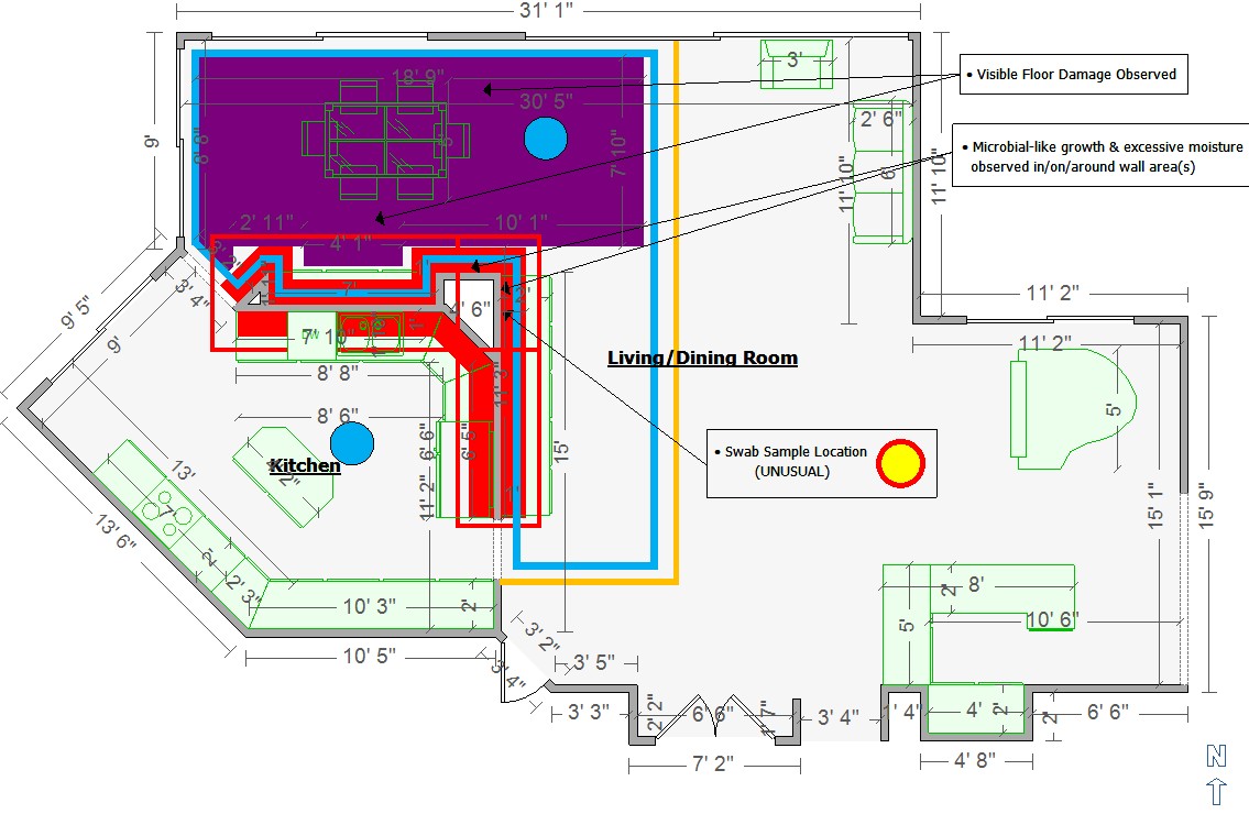 Apex Xactimate ESX sketch with dimensions, rooms, doors, cabinets, and mapped conditions