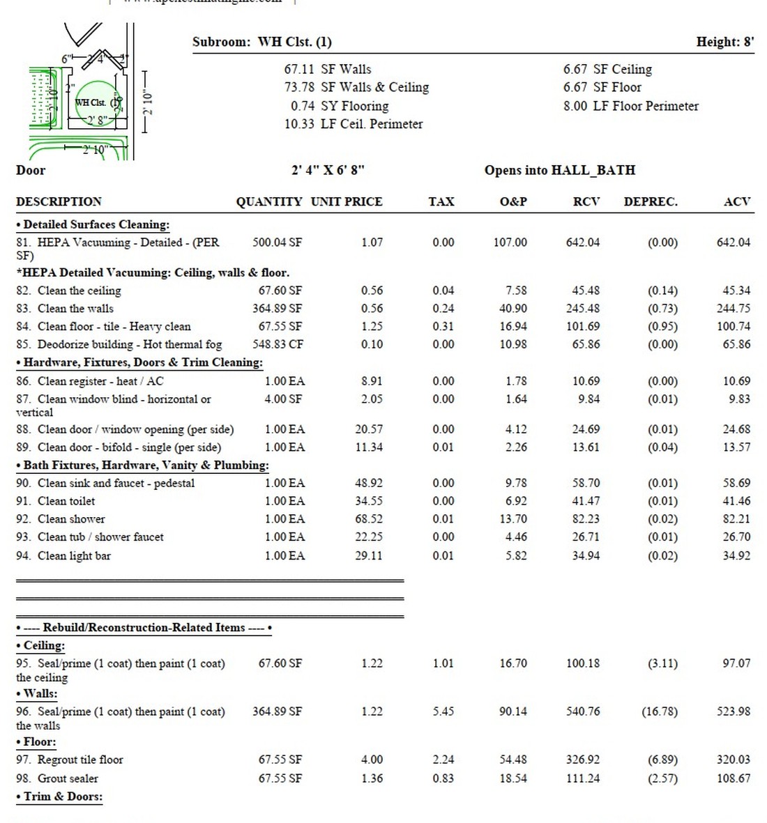 Apex Xactimate rebuild estimate showing room-specific quantities, cleaning, and reconstruction line items