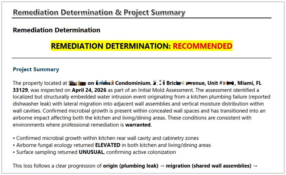 Redacted Apex report with a clear remediation determination and project summary