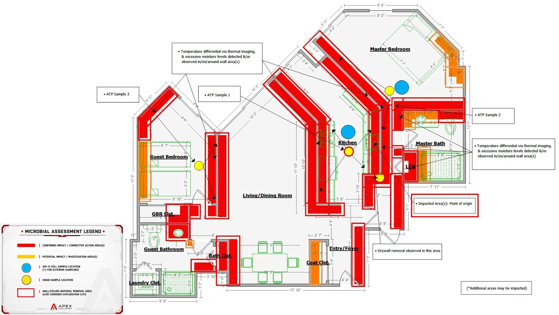 Annotated microbial assessment floor plan showing confirmed and potential affected areas, sample locations, and investigation notes