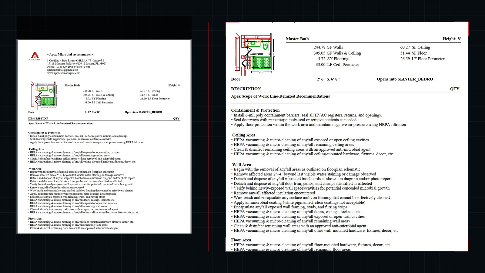 Apex room-by-room assessment scope showing recommended remediation direction and affected materials